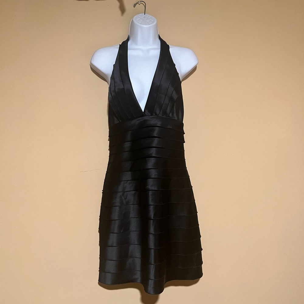 BCBG Maxazria Size 6 Black Satin Halter Backless Body con Dress.